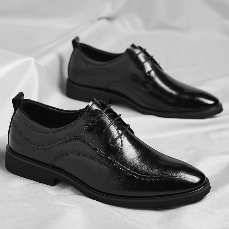 Mens Brown Genuine Leather Oxford Shoes Lace Up Formal Dress Shoes Comfortable Non Slip Outsole For Business Office Wedding