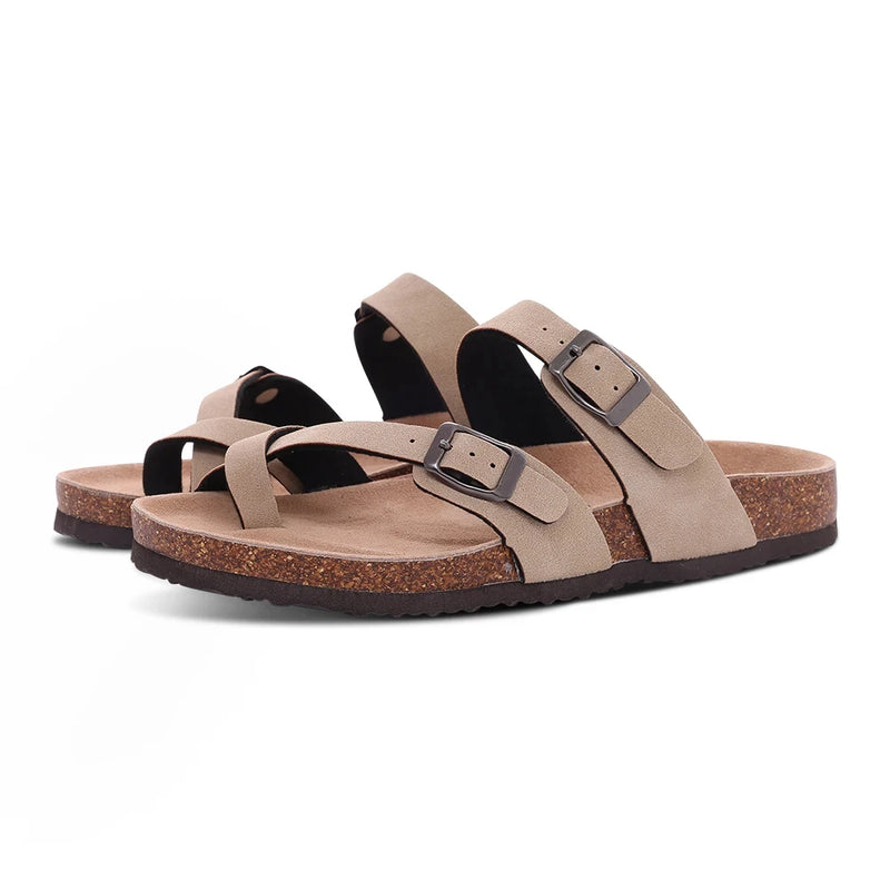 Evshine Leather Cork Footed Clogs Sandals For Women Fashion Flat Mules Slippers with Arch Support Men Double Buckle Cork Slides