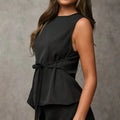 Women's Black Two Piece Set Sleeveless Round Neck Tie Asymmetric Hem Top Wide Leg Pants Set Spring Summer Office Elegant Outfit