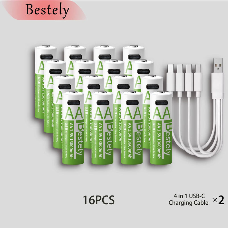 Bestely 1.5V 13600mAh USB AA Lithium Ion Rechargeable Battery, Fast Charging Li-ion Akku, 2000 Cycle with USB-C Port Cables