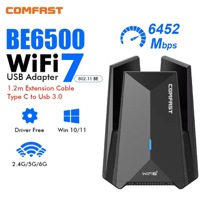 COMFAST Wifi 7 USB 3.0 Wi - Fi Adapter 6500Mbps Wireless Network Card 6G/5G/2G 4*5dBi Antennas Receiver 1 Meter | SAMAG