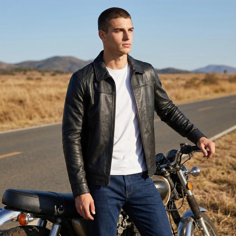 Men Genuine Top Layer Cowhide Leather Jacket Slim Fit Lapel Dark Brown Casual Business Coat Plus Size Real Leather