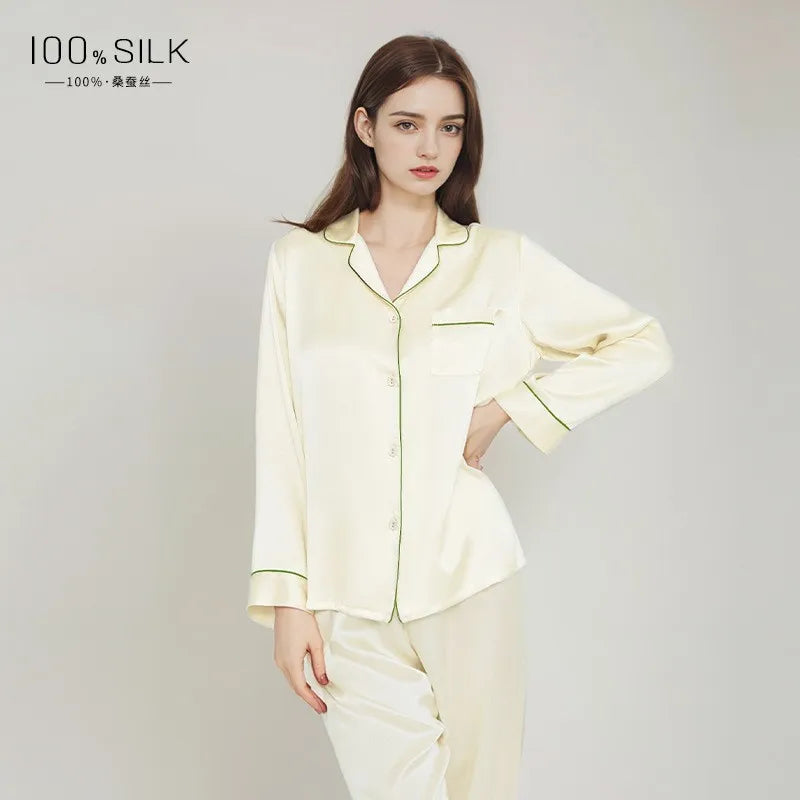 2025 Summer New Silk Pajamas Women's Long Sleeve Pants Lapel 100% Mulberry Silk Cool Home Clothes Set Pajamas Nightwear