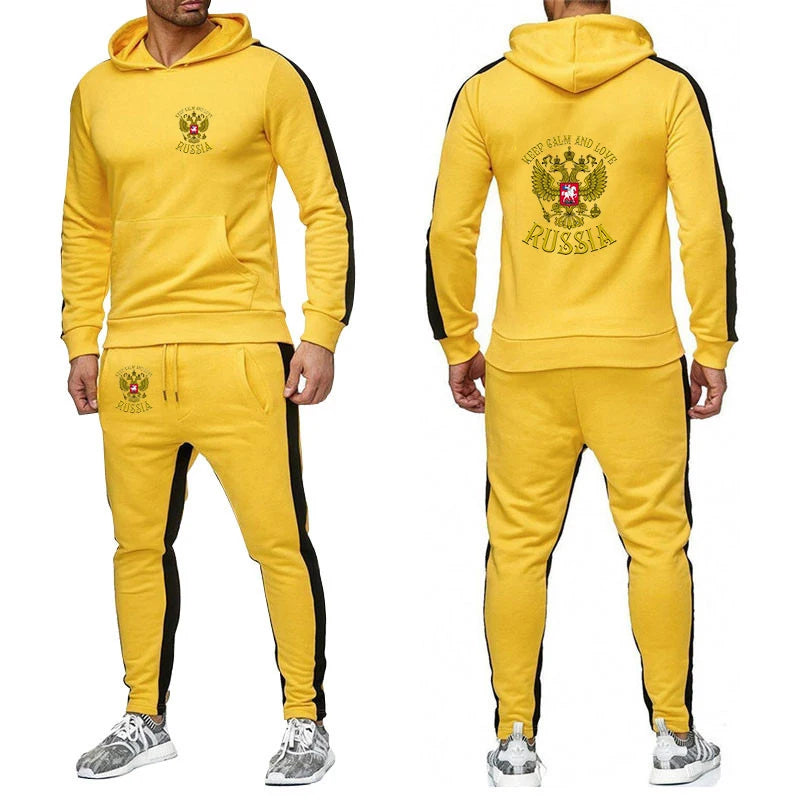 Russia Badge Gold Eagle Men's New Sport Wear Hoodie Solid Color Long Sleeve Tracksuit+Casual Sweatpants Suit - View 3 | SAMAG