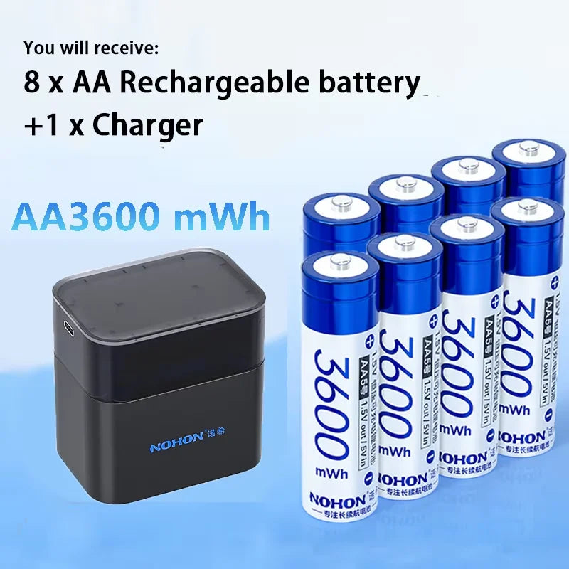 NEW Nohon Rechargeable Battery 1.5V AA 3600mWh AAA 1300mWh Original Li Batteries With Charger for Clock Video Radio Game Camera