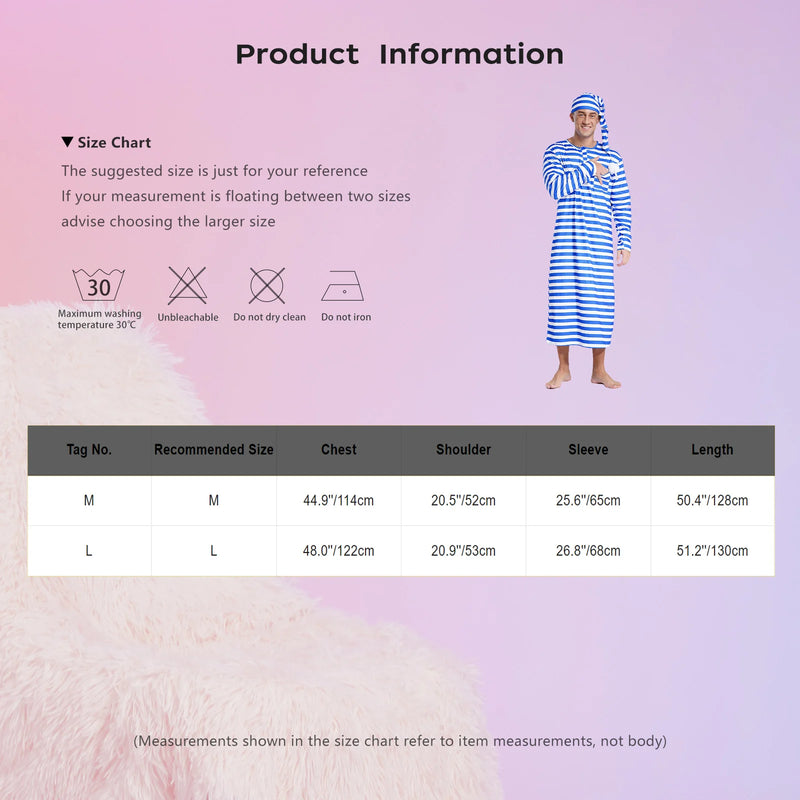 Men's Striped Nightshirt Sleep Robe Set Loose Soft Long Sleeve Sleeping Long Shirts with Night Cap Christmas Sleepwear Nightwear