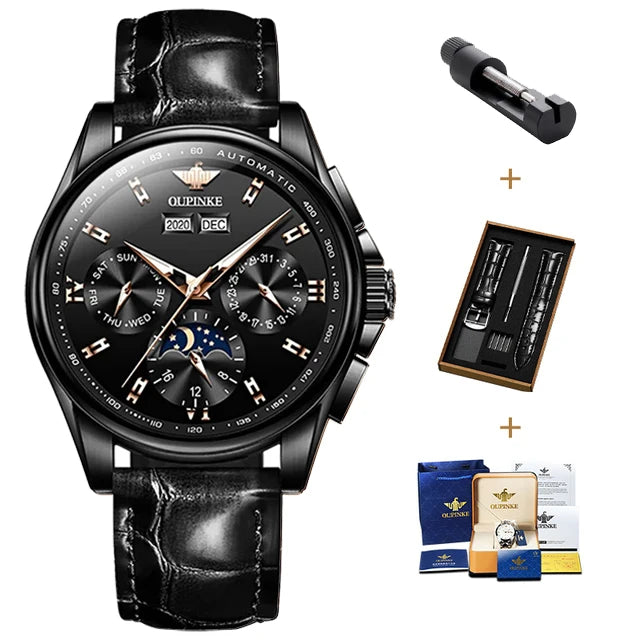 OUPINKE 3189 Automatic Watch for Men Genuine Leather Strap Waterproof Moon Phase Man Watches Luxury Men's Mechanical Wristwatch