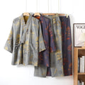 Comfortable Loose Homewear Sleepwear Set Japanese Style Men's Cotton Kimono Pajamas Set - Long Sleeve Robe with Pants