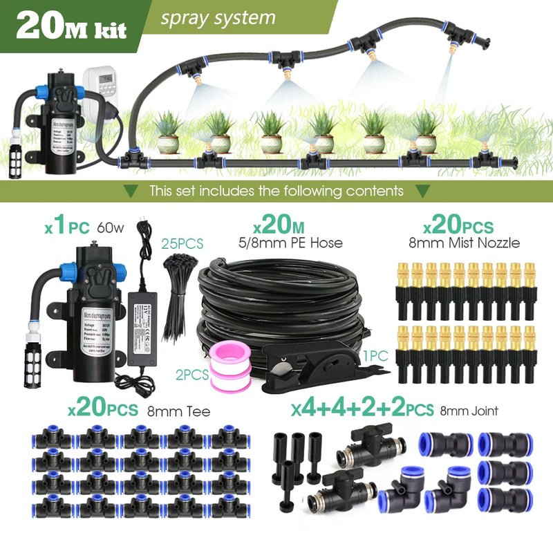 110-220V Power Supply self-priming Pump Spray Kit  for Greenhouse Garden 8mm PE Hose Brass Nozzle Automatic Misting Cool System