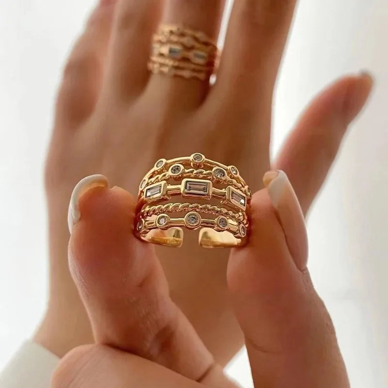 2025 New Stainless Steel 18 K Gold Plated Sun Rings for Women Natural Stone Inlaid in Hollow Metal Texture Ring Trendy Jewelry