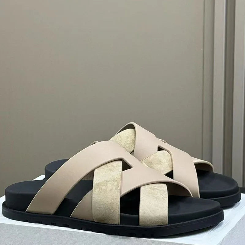 Spring and summer braided calfskin functional sandals, suede color-block slippers, couple's vacation beach slippers