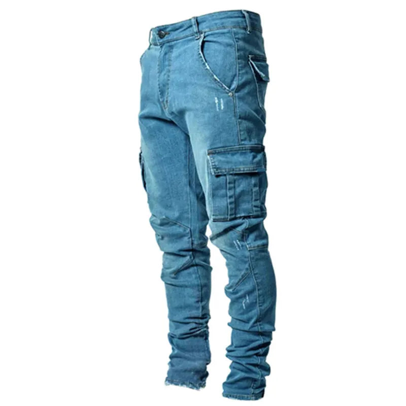 New Jeans Men Pants Wash Solid Color Multi Pockets Denim | SAMAG