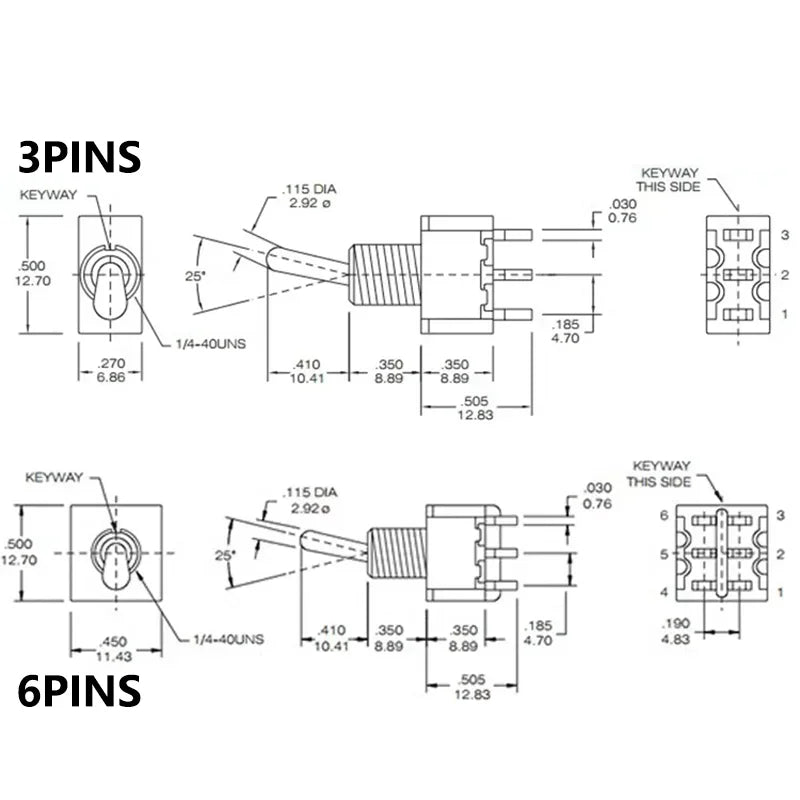 10PCS MTS-102 103 202 203 3Pins 6 Pins Mini Toggle Switch For Switching Lamp Light ON-OFF-ON /ON-ON Switch 6A 125VAC