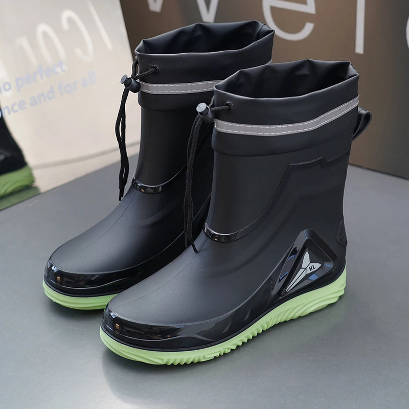Outdoor work British style anti slip warm autumn and winter waterproof drawstring tied men's rain boots