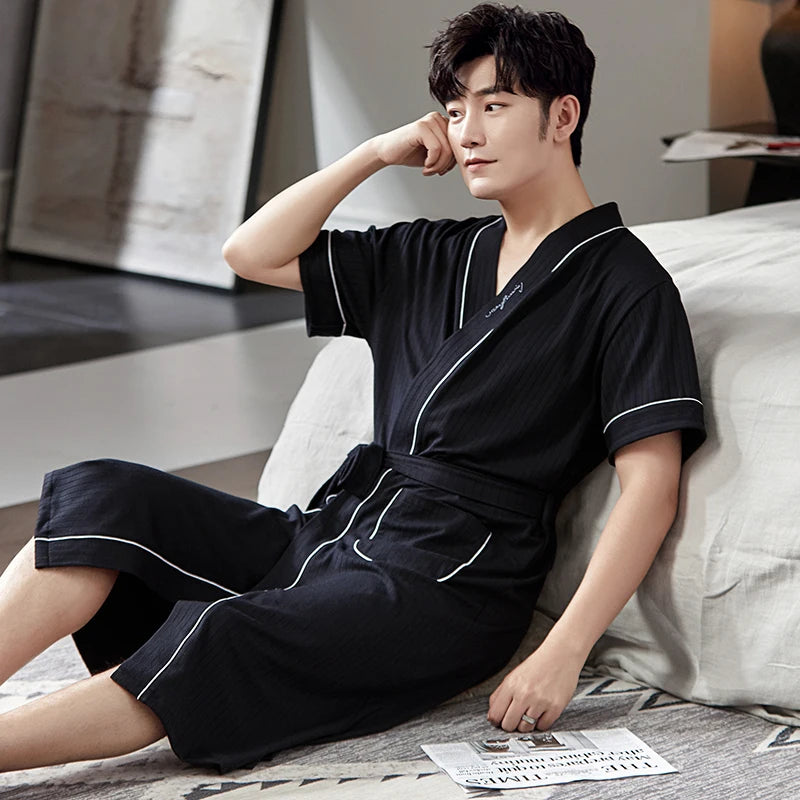 Big Yards L - 4XL Pajamas Mens Soft Cotton Knited Robes Sexy V-Neck Short Sleeve Bathrobe Male Solid Color Nightgown Lounge