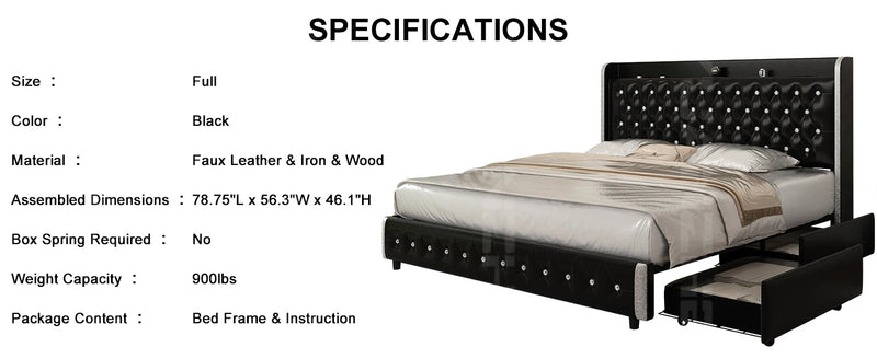 GEGOFORU Queen LED Bed Frame with Galaxy Projector, Bluetooth Speaker, USB Ports, 4 Drawers, No Box Spring Needed, PU Black