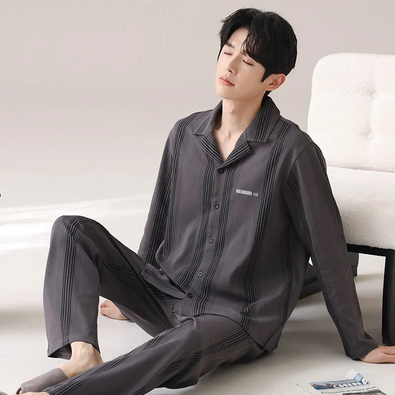 Autumn Spring Plaid Cardigan Sleepwear for Men 2026 New Fashion Homewear Male Size L-3XL Long Sleeves trouser 2Pcs/set Pajamas