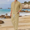 Men's Fashionable Cotton Linen Shirt Set, Stand Collar, Long Sleeves, Two - Piece Spring/Autumn Style, 100% - View 5 | SAMAG