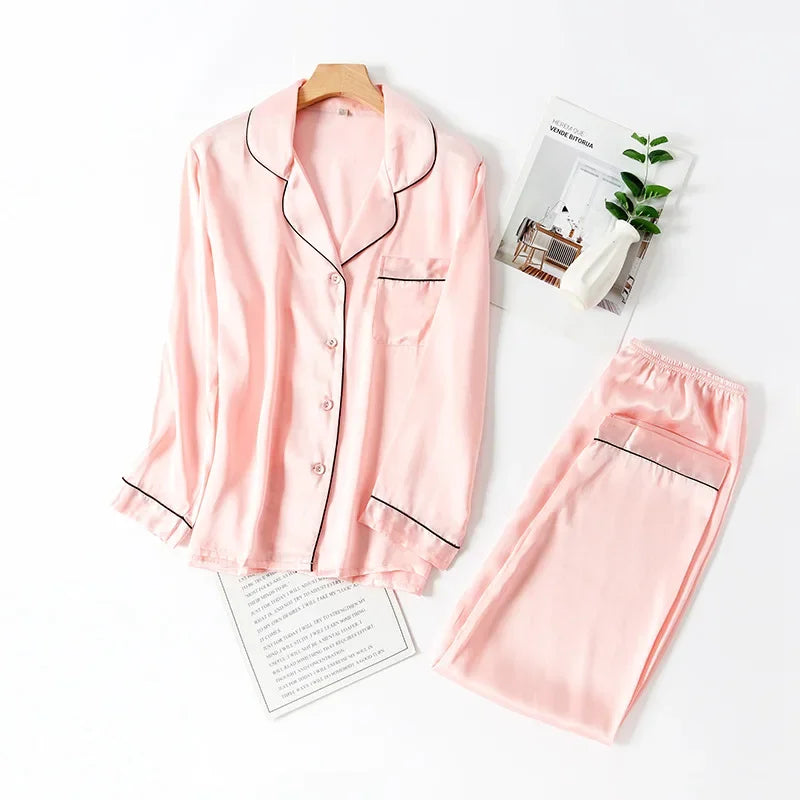 Tcyeek, 100%Real Silk Casual Pajamas Set, Women Long Sleeve Top Pants, Solid Home Clothing Set, 2024 Summer Autumn S48024QC