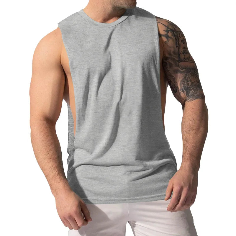 Casual Loose Men Vests Summer O-Neck Sleeveless Male Solid Color Big Side Split Tee Shirts  CBFS-23075