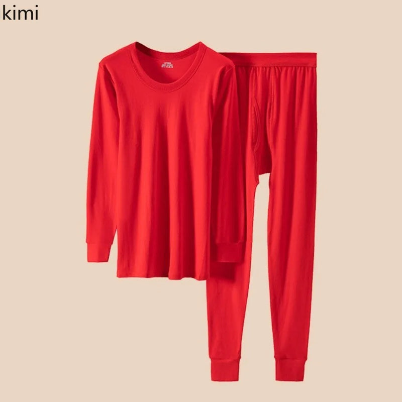 100% Pure Cotton Thermal Underwear Sets Autumn Winter Men's Solid O-neck Tops+Pants Underwear Two Piece Sets Men Long Johns Sets
