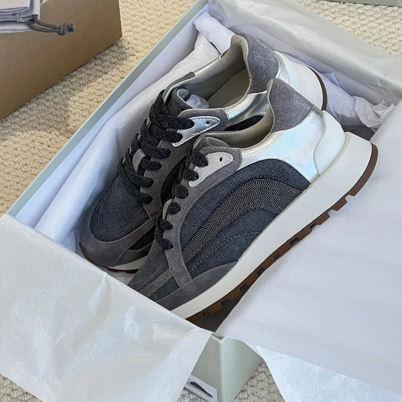 Women's Vulcanized Shoes Leather Beaded Casual Sneakers