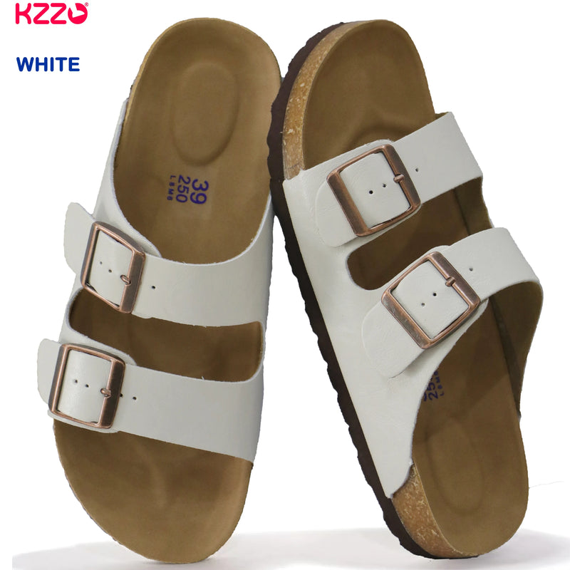KZZO Waterproof Genuine Leather Mules for Women Non Slip Clog Shoes Outdoor Home Comfort Slip On Flat Double Adjustable Strap