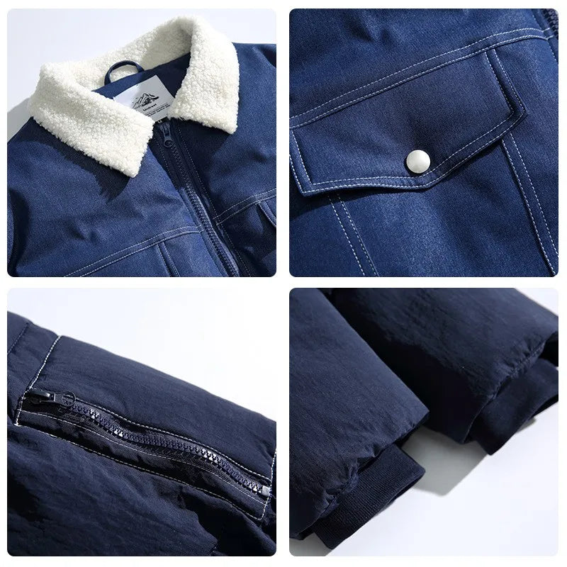 Denim Patchwork Oversized Men's Quilited Jackets, Y2k Lapel Mans Jacket, Streetwear Thermal Men's Jeans Coat