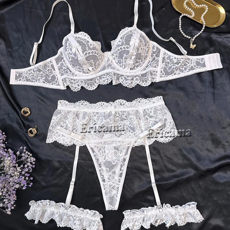 Lingerie Set Transparent Bra Set Hot Erotic Sexy Costumes Solid Color Underwear Seamless Bra Thong Garters Sexy Lingerie Sets