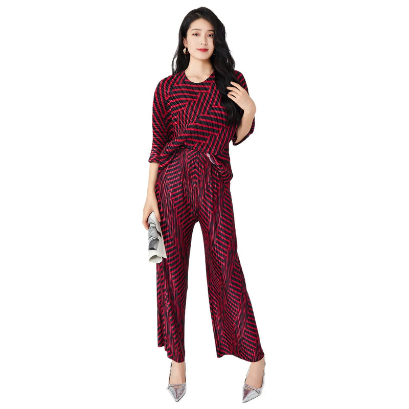 Miyake Fashion Women's Suit 2026 Summer High-end Striped Print Round Neck Loose T-shirt Straight Pants Two-piece Set