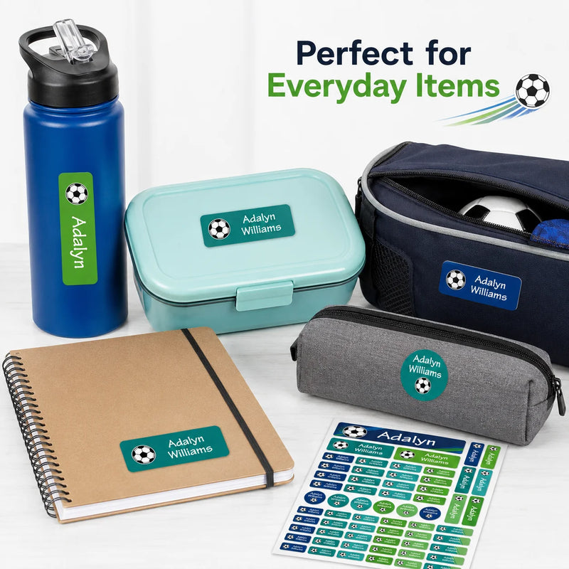 Custom Soccer Name Labels Personalized Waterproof Stickers for Bottles Lunch Boxes Notebooks Sports Gear 4 Shapes