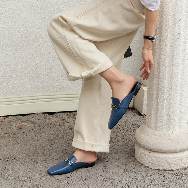 Premium Handmade Genuine Leather Cowhide Women's Shoes,Square Toe Low Heel Women Mules,Fashion Casual Women Slippers