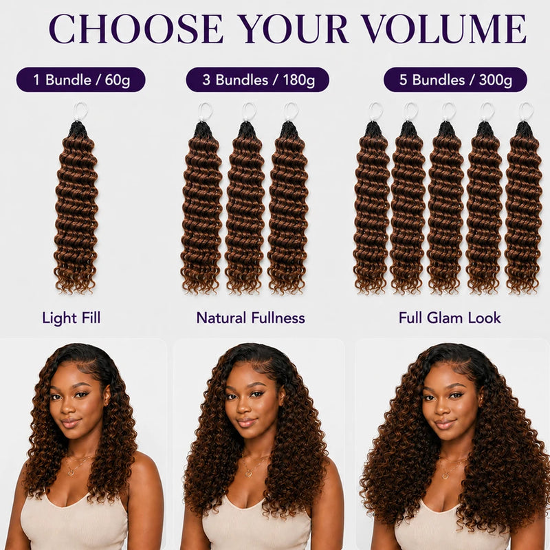 Brown Deep Wave Crochet Human Hair Extensions Miracle Knots Feather Soft Braiding Hair for Black Women Pre Looped Lightweight Reusable Hair with Natural Shine Full Volume for Boho Braids and Protective Styles