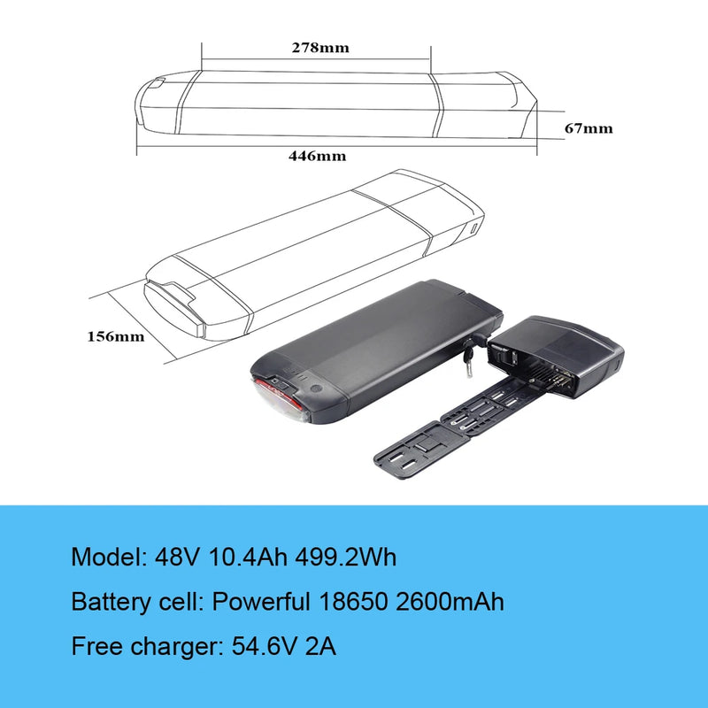 EVRYjourney  FATTIRE 500W RearRack Ebike Battery 48V 10.4Ah 12Ah 14Ah with Taillight Charger & Safety Lock for Electric Bike