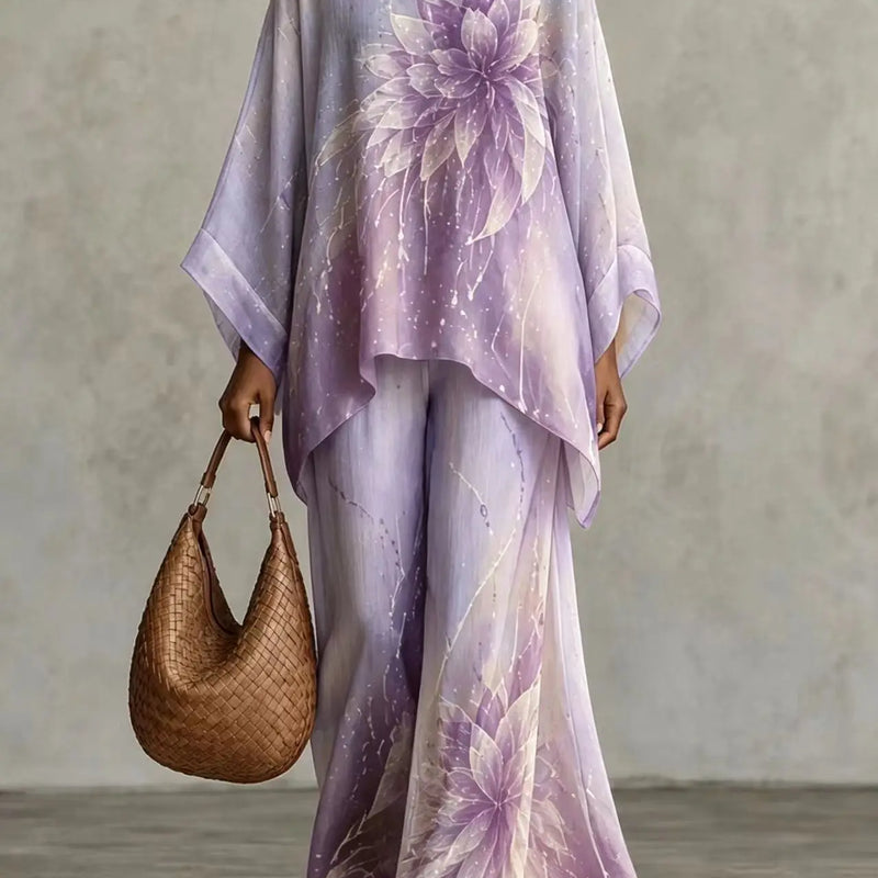 Women 2 Piece Outfit Floral Print Loose Batwing Sleeve Blouse Wide Leg Pants Set Casual Bohemian Vacation Two‑Piece Suit Autumn