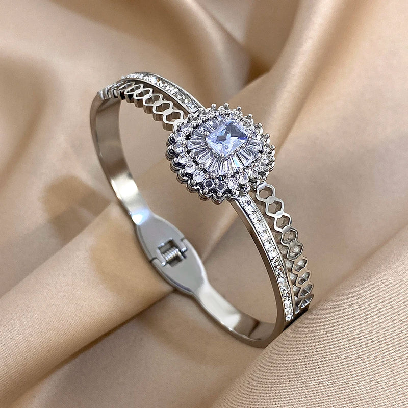 Stainless Steel Bangle Bracelet Inlay Luxury Rhinestones Gorgeous Synthetic Zirconia Geometric Oval Square Stars Shape for Women