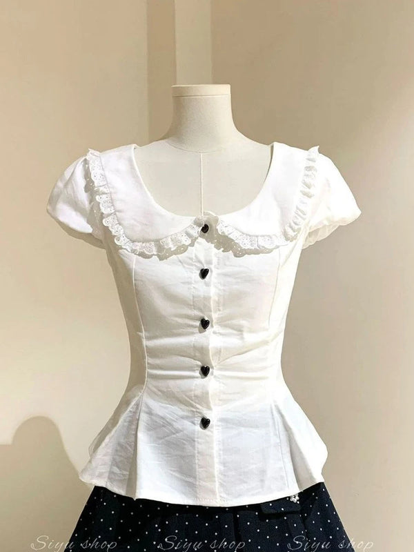 White Slim Sweet Shirt Women Puff Sleeve Cute Preppy - View 6 | SAMAG