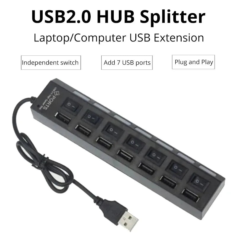 High Speed 7 Ports USB HUB 2.0 Adapter Expander Multi USB Splitter Multiple Extender with LED Lamp Switch for PC Laptop