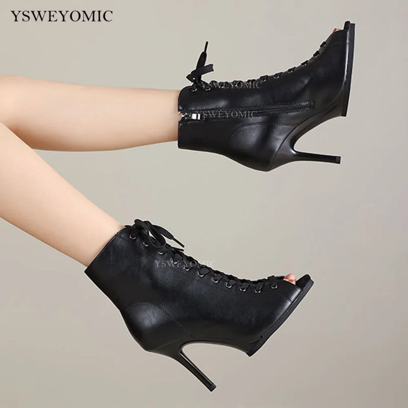 Dance Booties 9.5cm Dance Heels Black Leather Outdoor Latin Salsa Jazz Women Girls Dance Shoes