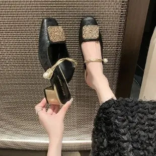 New Women's Shoes Mary Jane Mules, Square-Toed Shallow-Cut Chunky Heel Shoes, Fashionable High-Heeled Sandals