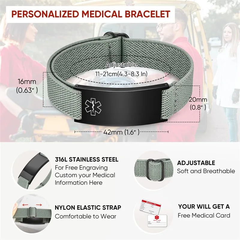 Personalized Medical Alert Bracelet for Men Customized Elastic Strap Stainless Steel ID Engraved Medic - Visuel 5 | SAMAG