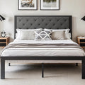 HOOMIC Metal Bed Frame with Upholstered Finely Stitched Headboard, Linen Fabric, Sturdy Foundation, No Box Spring Needed