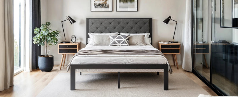 HOOMIC Metal Bed Frame with Upholstered Finely Stitched Headboard, Linen Fabric, Sturdy Foundation, No Box Spring Needed