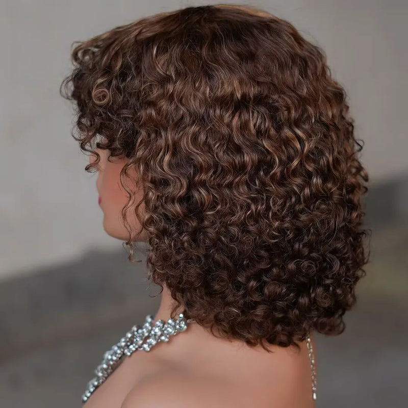 #4 Brown Deep Wave Short Bob Wigs Wear and Go Pre plucked Curly Hair Bob Wig Human Hair Glueless Wigs With Bangs Machine Made