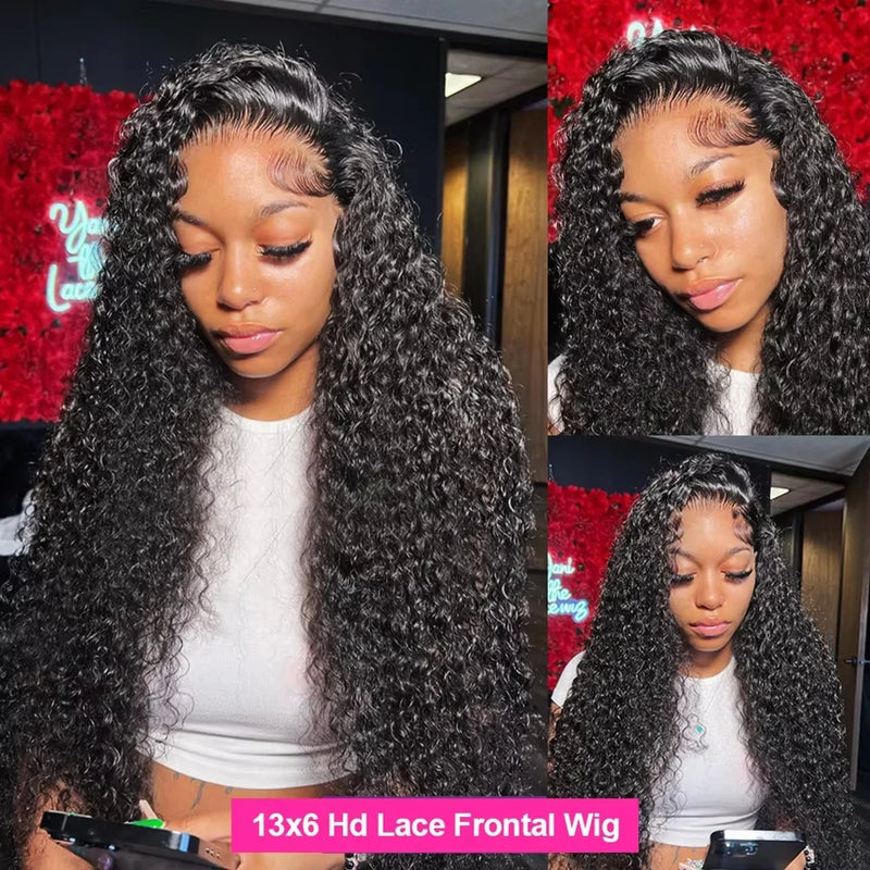 13x6 Glueless Brazilian Deep Wave Curly HD Lace Frontal Wig 250 Density Preplucked Water Resistant Human Hair for Women
