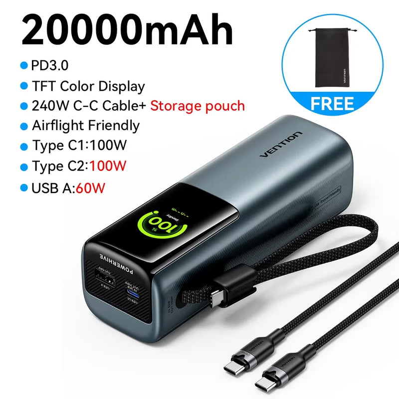 Vention 20000mAh 165w Power Bank PD Fast Charge Portable Powerbank for Laptop MacBook iPhone Xiaomi USB External Battery Charger