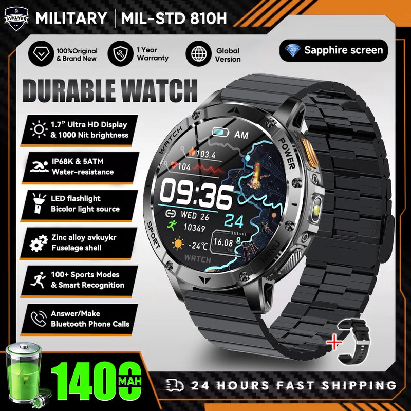 Military Grade Alloy Smartwatch 1400mAh Long Standby Waterproof SOS Emergency Flashlight BT Call Outdoor Sports Watch For Men