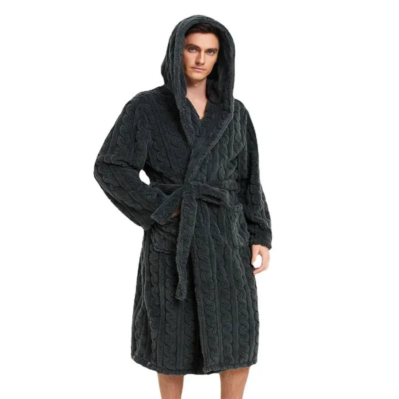 The New Fall and Winter Men's Warm Robe Pajamas Couple Robe Shu Cotton Velvet Jacquard Hooded Thickened Couple Robe Homewear