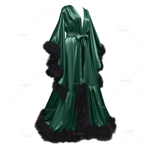 Bathrobe for Women Flare Sleeves Feather Bridal Robe Nightgown Silk Illusion Long Wedding Scarf Dressing Gown Photography Dress