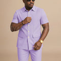 Navy Blue Striped Men Suits Chic Stand Collar Short Sleeves Wear Single Breasted Office Business Casual Male Suit 2 Piece